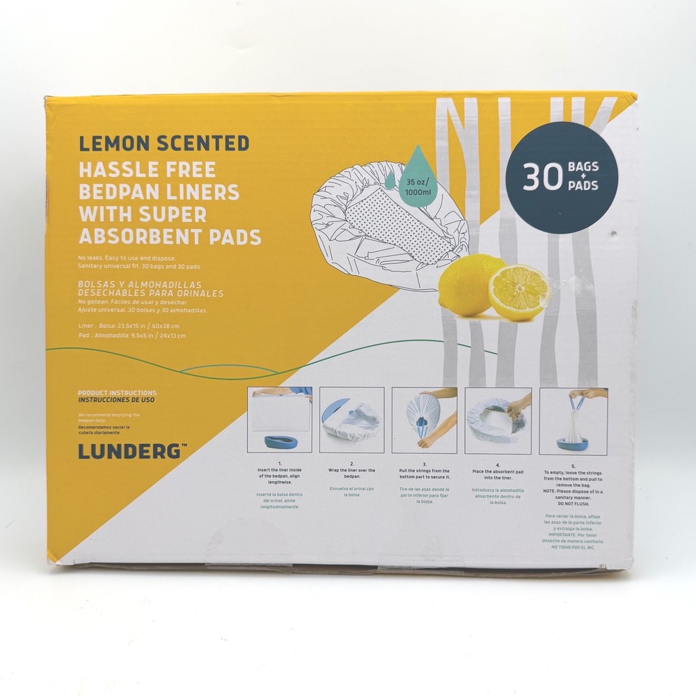 Lunderg Bedpan Liners 30 Count White Lemon Scented Absorbent Pads‎